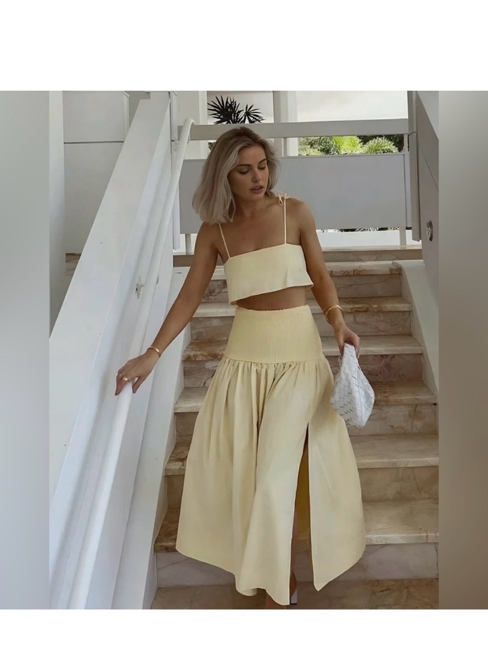 Commense Cream Smocked Waist Midi Skirt with Side Slit